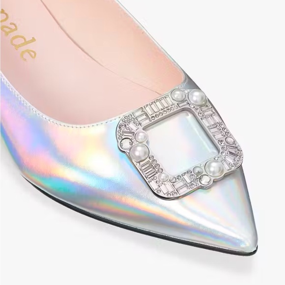 ♠️kate spade Buckle Up Pointed Toe Flats, Metallic Silver Iridescent NIB - Picture 3 of 8